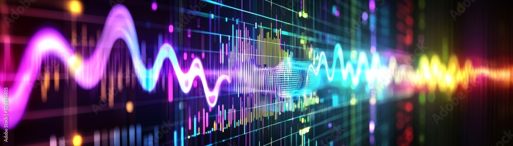 Poster quantum computing breakthrough concept. colorful sound waves with a digital backdrop in a vibrant sp