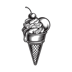 Highly Detailed Black and White Ice Cream Cone Line Art Illustration with Cherry and Stylized