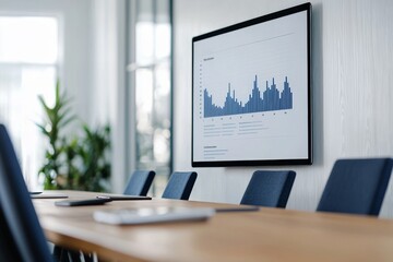 Funding with startup ecosystem concept. Conference room with a screen displaying blue data charts.