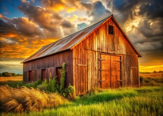 Obraz premium Rustic charm: a decaying red barn's metal doors, a picturesque rural scene captured in a landscape photograph.