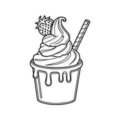 Highly Detailed Black and White Ice Cream Cone Line Art Illustration with Cherry and Stylized