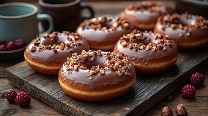 Delicious chocolate glazed donuts with nuts and berries on rustic wooden board