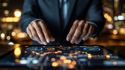businessman interacts with digital tablet displaying data analytics and graphs, showcasing modern technology in professional setting. background is blurred with city lights