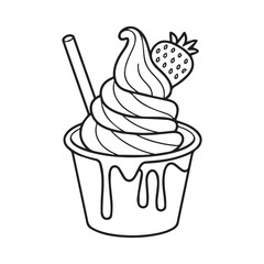 Highly Detailed Black and White Ice Cream Cone Line Art Illustration with Cherry and Stylized