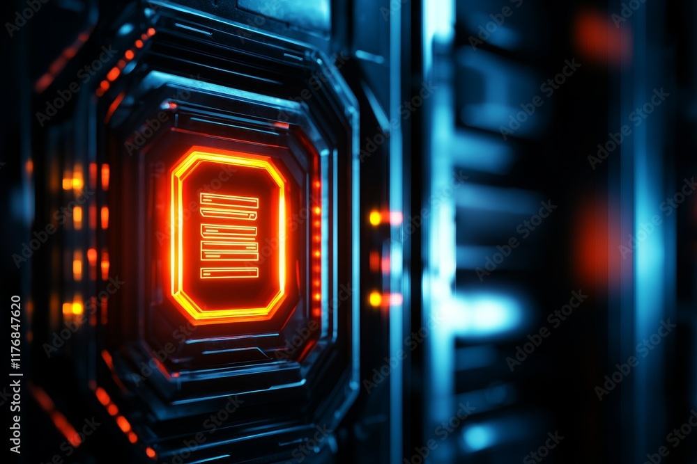 Poster cybersecurity advancement tool concept. futuristic server design with glowing elements in a dark env