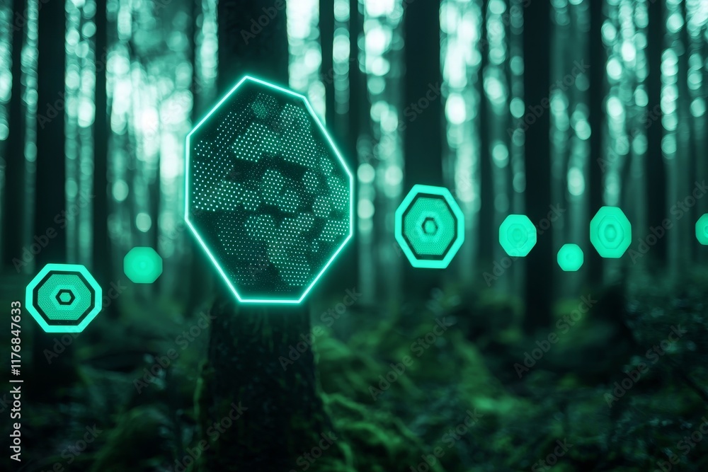 Aufkleber tax with carbon concept. futuristic hexagonal patterns glowing in a dark forest environment.