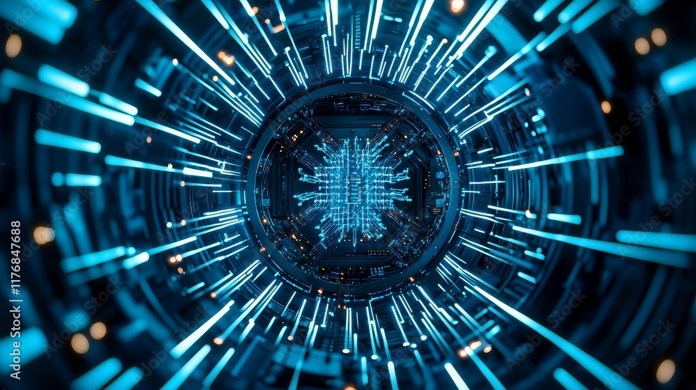 Poster quantum computing breakthrough concept. futuristic tunnel with glowing blue lights and dynamic motio