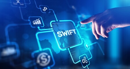 SWIFT Society for Worldwide Interbank Financial Telecommunication, projection on a virtual screen,...