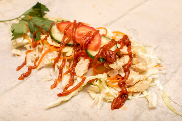 Process of preparing traditional Turkish fast food - shawarma	