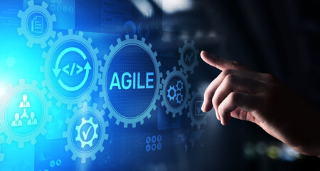 Agile development methodology concept on virtual screen. Technology concept.