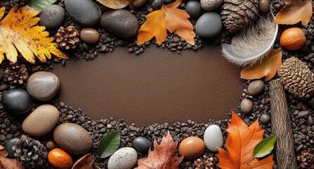 Obraz premium Autumn composition with leaves, stones, and feathers on brown background