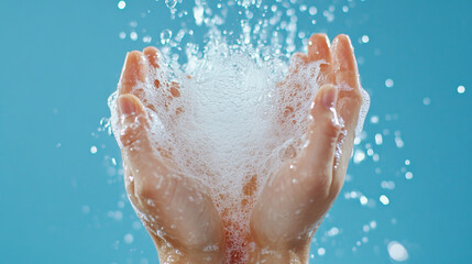 Hands holding bubbles with water splashes against blue background, creating refreshing and lively atmosphere. image captures essence of cleanliness and joy