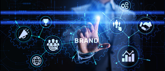 Brand words cloud on virtual screen. Branding, Marketing and Advertising concept.