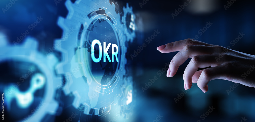Poster objective key results business technology process improvement concept on virtual screen.
