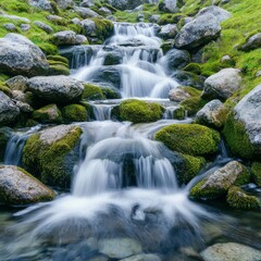 Care for freshwater ecosystem concept. Serene waterfall flowing over mossy rocks in a lush green landscape.