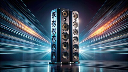Studio-lit, a gray multi-band speaker array's powerful sound waves create a dramatic long-exposure image.