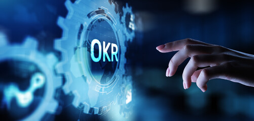 Objective Key Results Business technology process improvement concept on virtual screen.