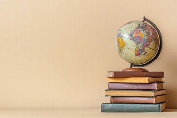 Classic globe resting on stacked travel guidebooks with neutral background showcasing exploration and adventure. Generative AI