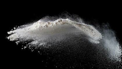 White powder splash isolated on black background. Flour sifting on a black background. Generated image