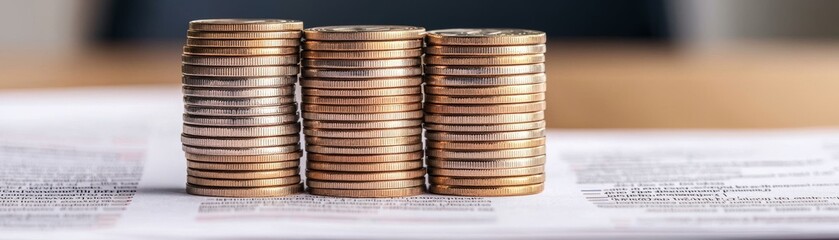 Economic policy reform concept. Stacks of coins on documents, representing finance and investment.