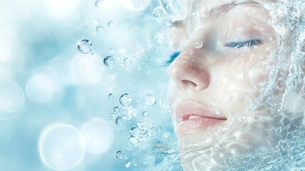 Woman's face surrounded by water bubbles, serene expression, soft blue background.
