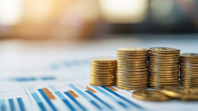 Tax incentive concept. Stacks of gold coins on financial reports with charts in the background.