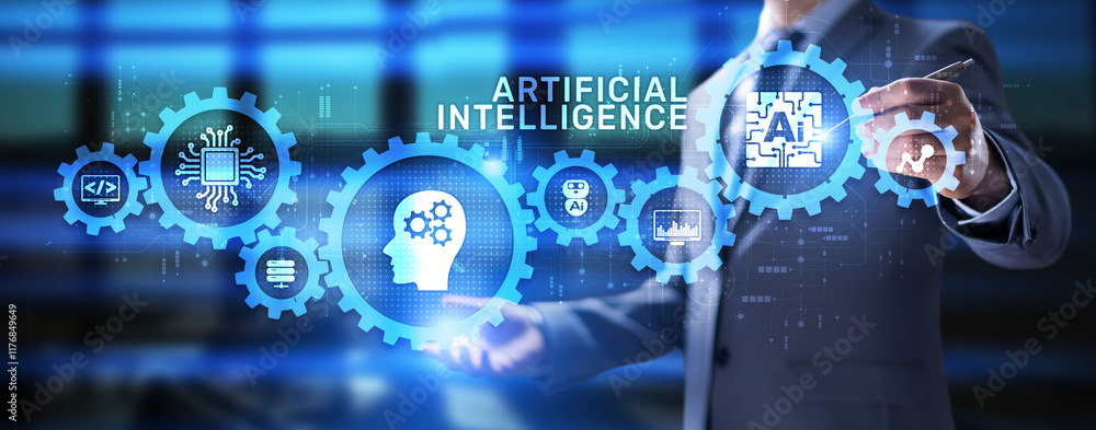 Poster artificial intelligence ai neural network deep machine learning concept.
