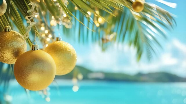 Golden Christmas ornaments hanging on a tropical palm tree with glowing festive lights