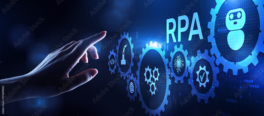 Poster rpa robotic process automation innovation technology concept on virtual screen.