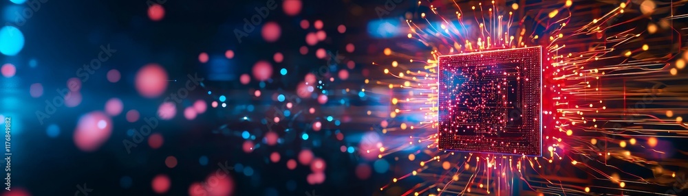 Poster quantum computing breakthrough concept. vibrant abstract digital design with glowing particles and a