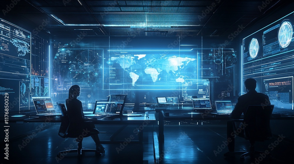Poster two analysts monitor global data on large screens in a dark control room.