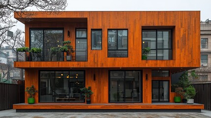 Modern minimalist wooden house with large windows and urban landscaping