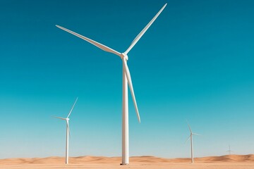 Tax with carbon concept. Wind turbines in a desert landscape under a clear blue sky.