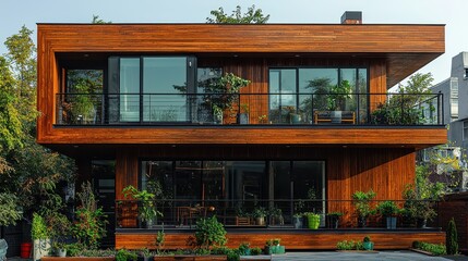 Modern eco-friendly wooden house with lush greenery and large windows