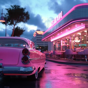 Fototapeta Classic 1950s cars parked outside a retro diner under colorful neon lights in the evening. Generative AI