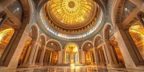 Obraz premium Stunning interior view of a grand dome with golden accents. Captivating architecture invites admiration and awe. Ideal for travel, history, and design enthusiasts. AI
