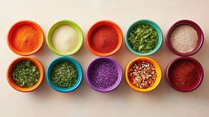 Colorful spice bowls with herbs and seasonings, colorful spice bowls arranged in kitchen, colorful spice bowls for cooking ingredients