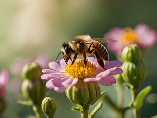 a bee perched on a flower with a blurred background
