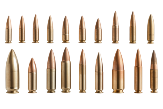 Collection of various types of metallic bullets arranged in rows for identification and comparison purposes
