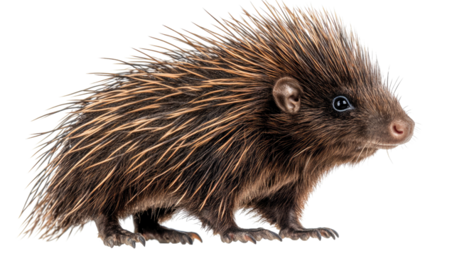 North American Porcupine Portrait: A detailed close-up reveals the intricate details of a young North American porcupine, its quills standing erect, showcasing its unique defensive mechanism.