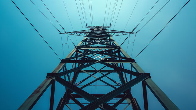 Wide angle view of High Voltage post or tower. Electricty powerline