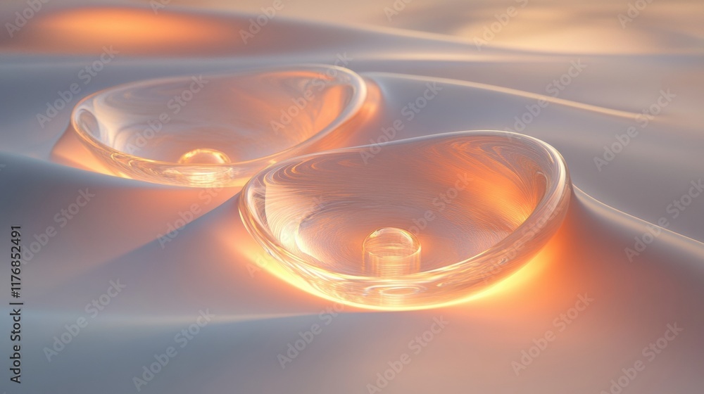 Fototapete Organic shapes of glowing droplets on a smooth surface reflecting soft light in a serene environment. Generative AI
