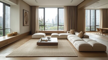 Fototapeta premium Modern minimalist living room with panoramic city views and earthy tones