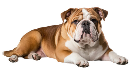 Majestic Bulldog Portrait: A full-body shot of a handsome fawn-colored bulldog, lying down and gazing directly at the camera with a calm and dignified expression.  The dog's wrinkles, short muzzle.