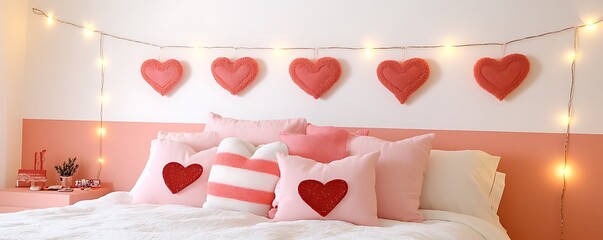 Bright and cheerful Valentine's bedroom with pastel pink and white walls a bed adorned with heart-shaped pillows and string lights creating a playful yet romantic atmosphere