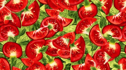 Sliced Tomatoes and Basil Vibrant Red