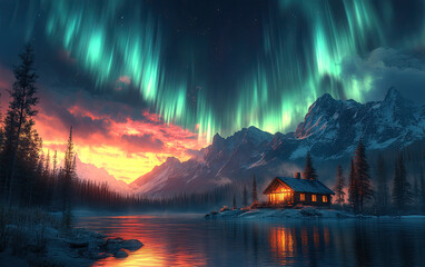 Above the cabin, the vibrant aurora borealis dances across the night sky, accompanied by the fiery hues of a sunset or sunrise.