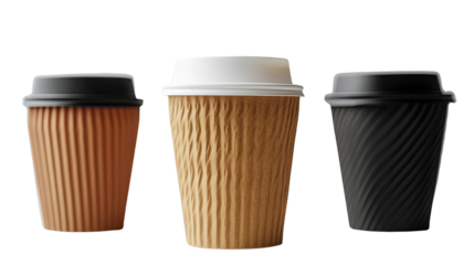 Coffee to Go: Three disposable coffee cups in brown, beige, and black, arranged side by side, showcasing different design options and styles for take-away coffee.