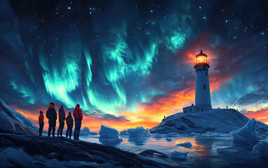 Above the cabin, the vibrant aurora borealis dances across the night sky, accompanied by the fiery hues of a sunset or sunrise.