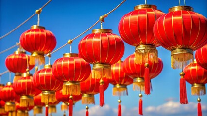 Bright Red Lanterns with Golden Tassels, Hanging Against a Clear Blue Sky, Minimalistic Perspective